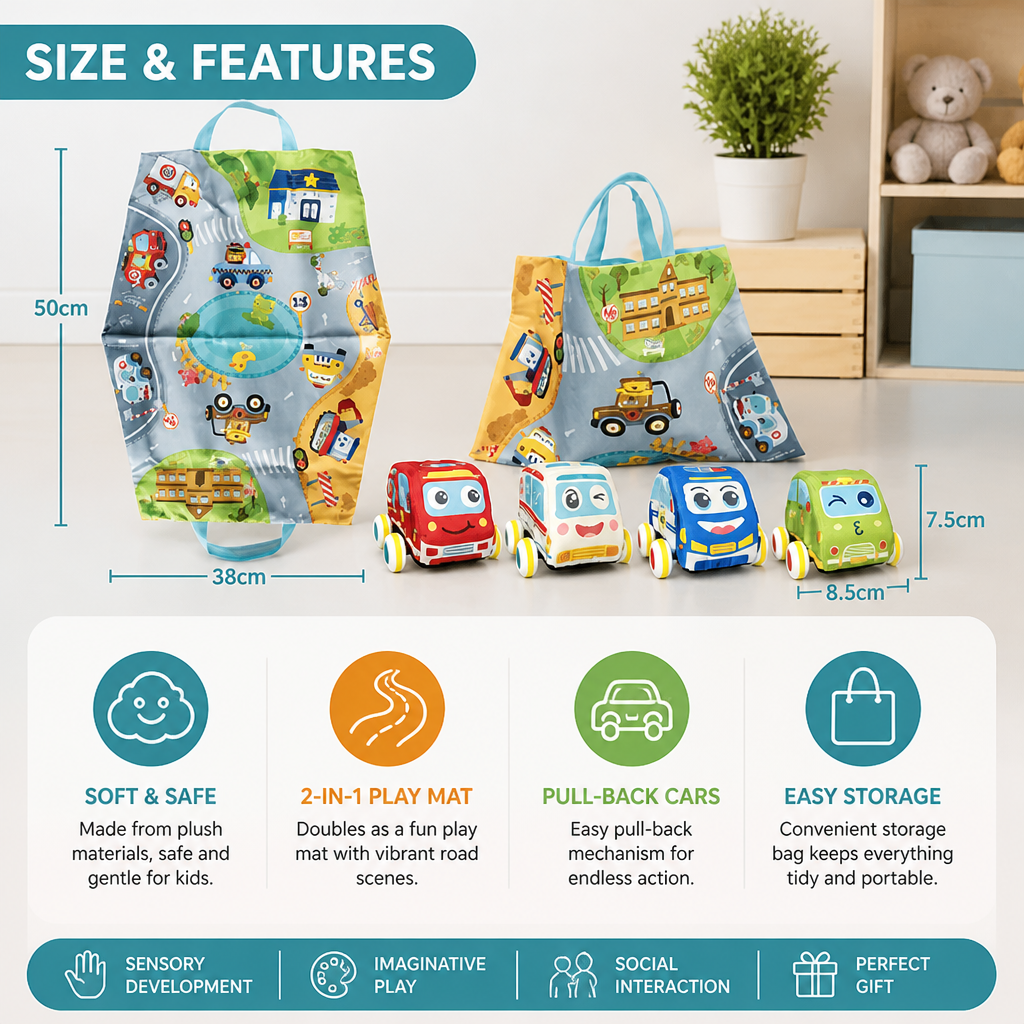 Soft Plush Pull-Back Car Set with 2-in-1 Play Mat & Storage Bag