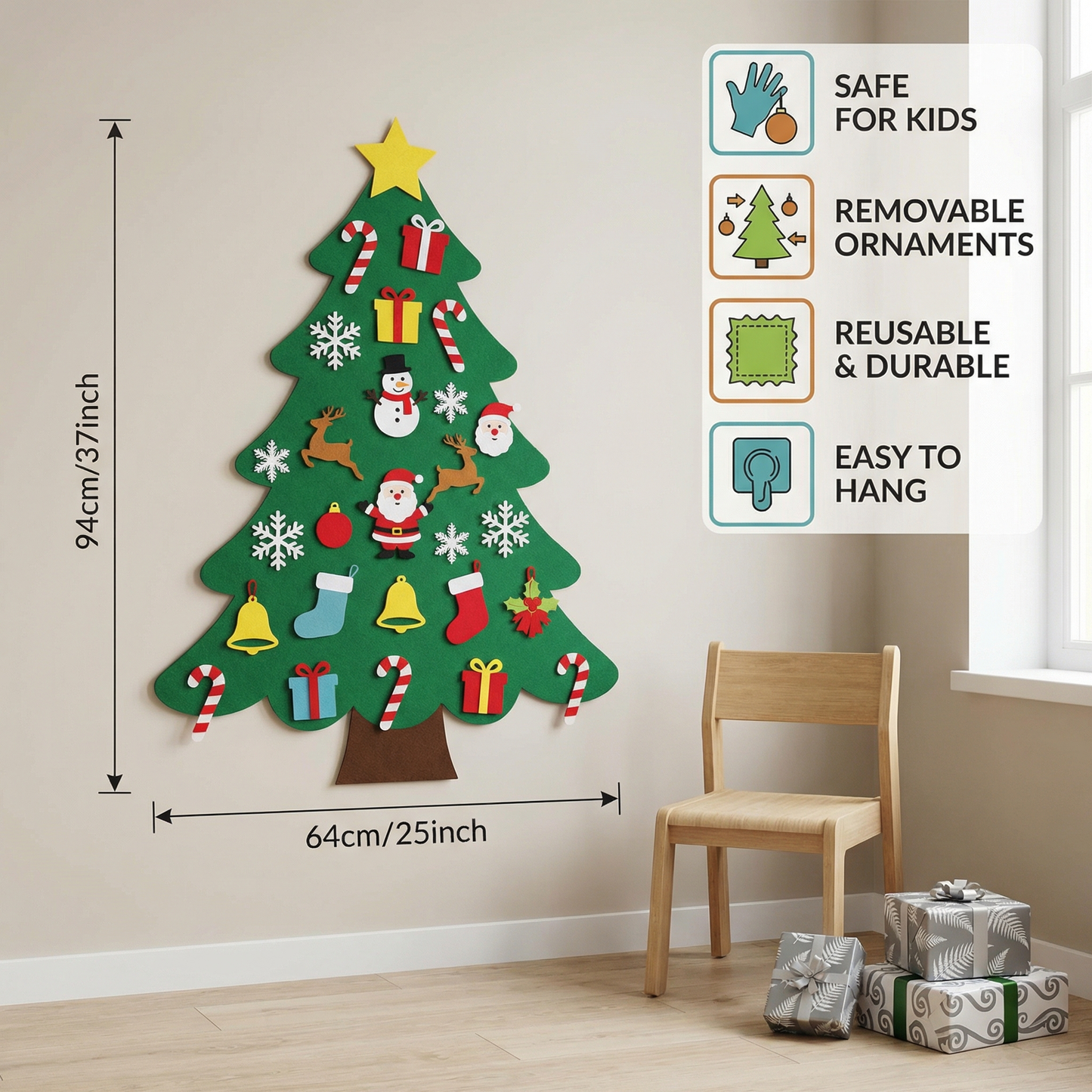 DIY Felt Christmas Tree for Kids | Safe Wall Decoration with Removable Ornaments for Fun Christmas Play