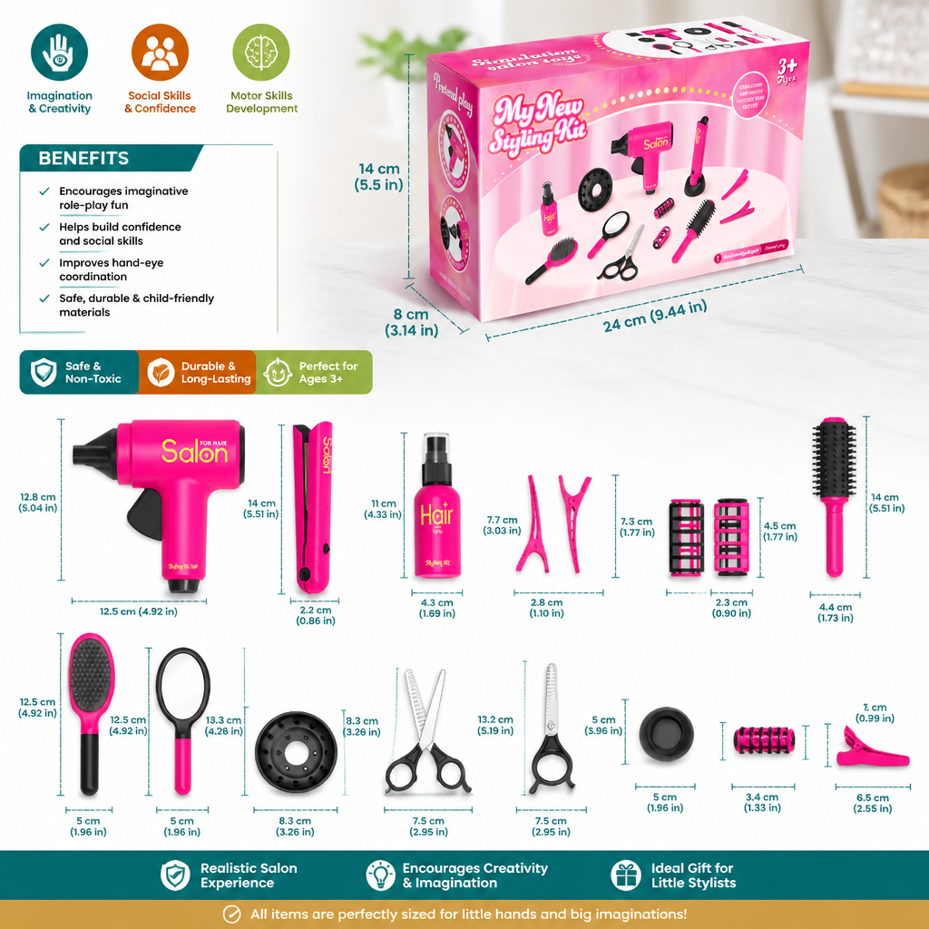 14-Piece Kids Hair Styling Salon Pretend Play Set