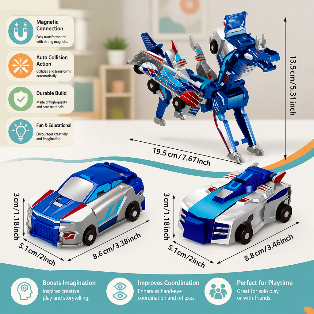 2-in-1 Magnetic Transforming Car & Dinosaur Toy with Automatic Collision Action