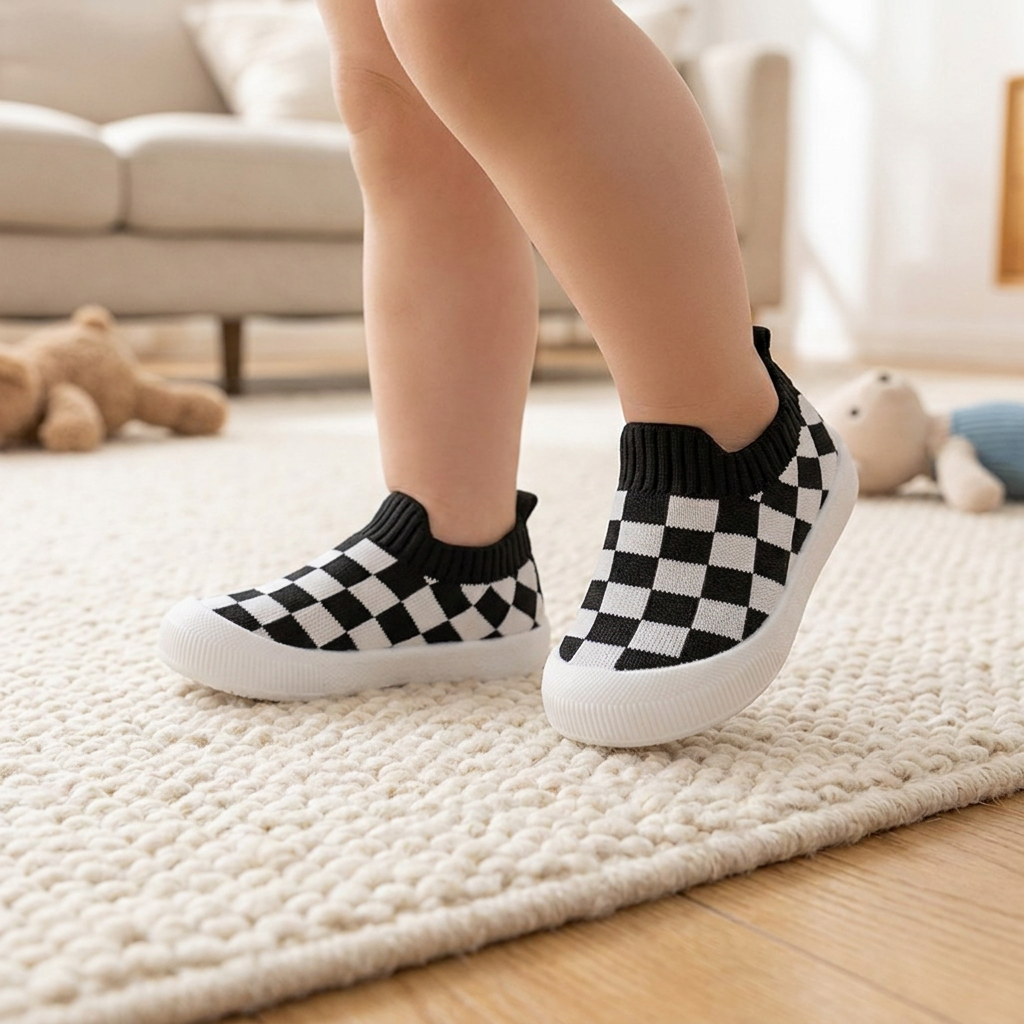 Checkered Lightweight Baby Walking Shoes with Soft, Non-Slip Soles