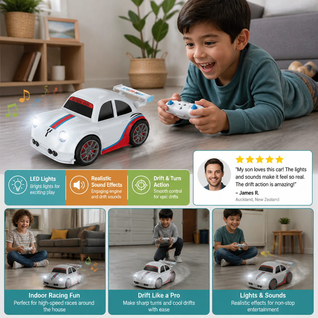 RC Racing Drift Car for Kids - Remote Control with Sensor Lights & Sound