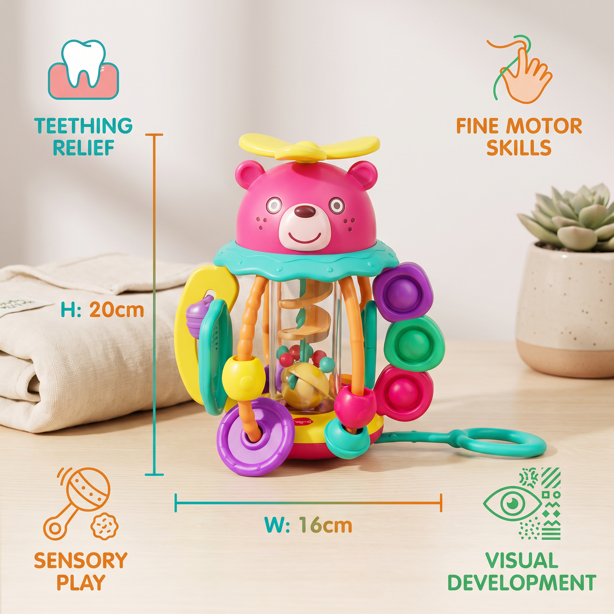 3-in-1 Multisensory Teething Toy with Pull Strings, Rattle & Rain Sounds for Babies