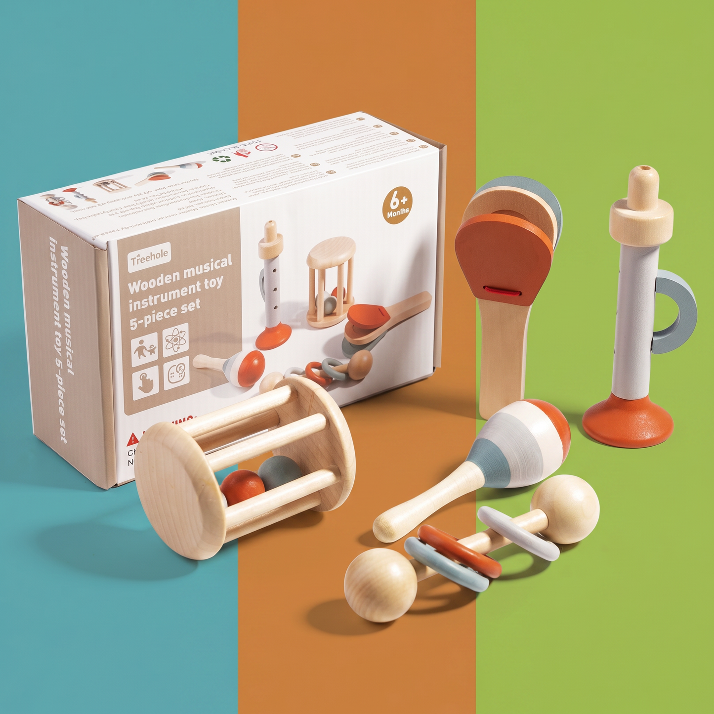 Montessori Wooden Baby Music Set – 5-Piece Sensory Rattle Toy Collection