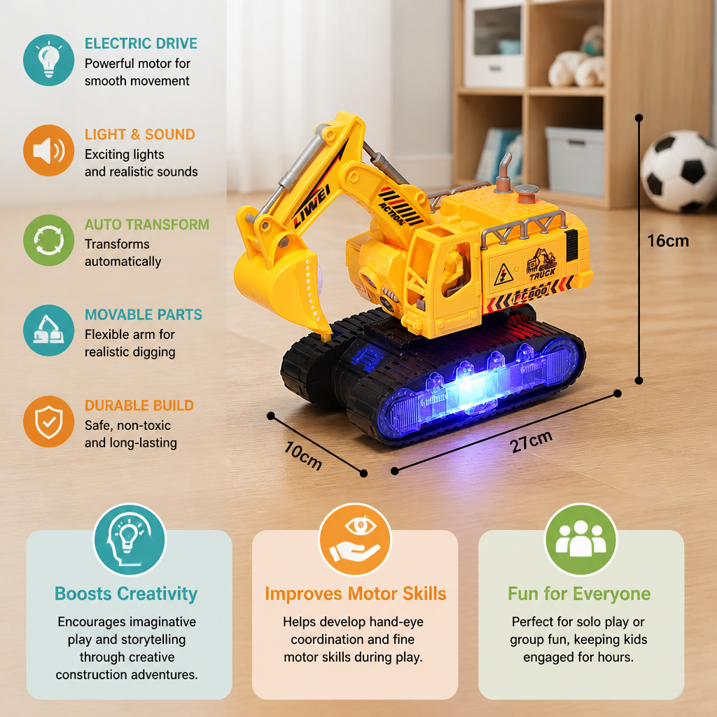 Electric Transforming Robot Excavator Toy with Lights & Sounds