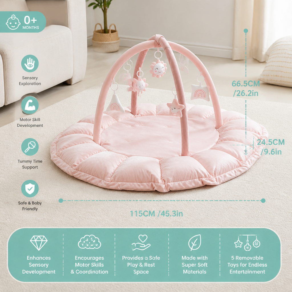 5-in-1 Plush Baby Play Gym, Activity Mat & Bed with Hanging Toys