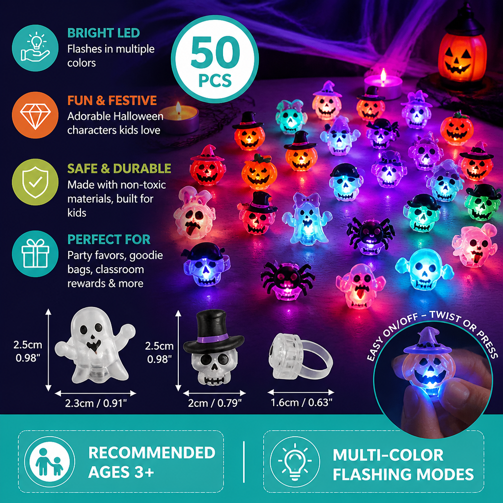 50-Pack Flashing LED Halloween Rings for Kids’ Party Favors & Treat Bags