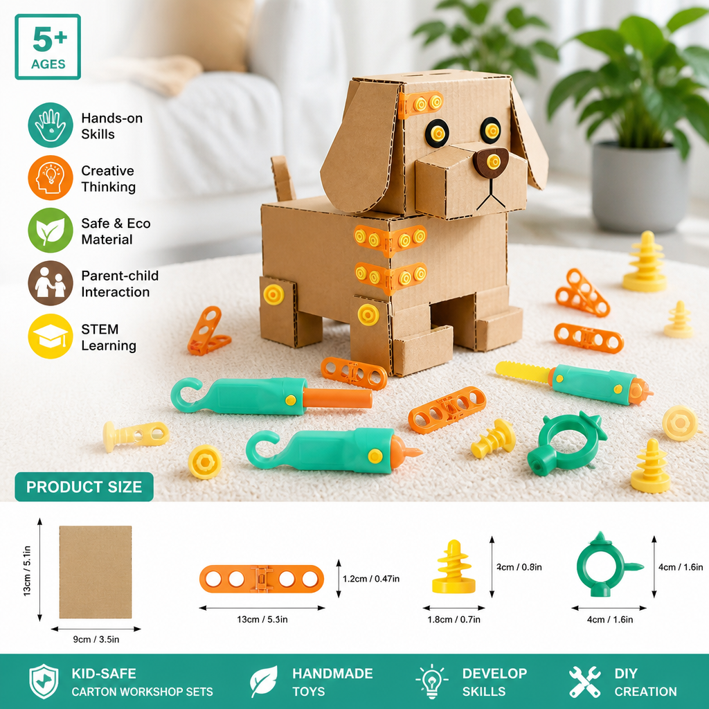 Safe 100-Piece STEM Cardboard Construction Kit with Tool Set for Kids