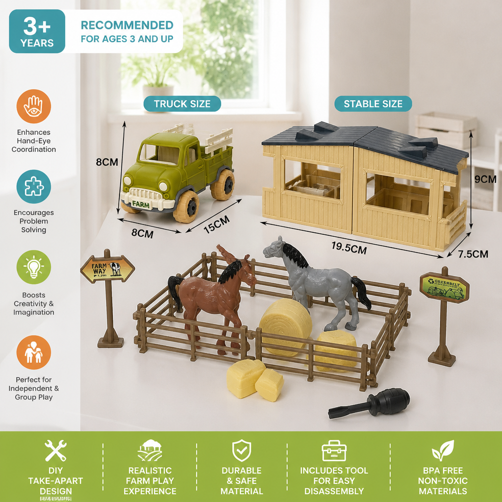 DIY Take-Apart Farm Truck & Horse Stable Play Set for Kids