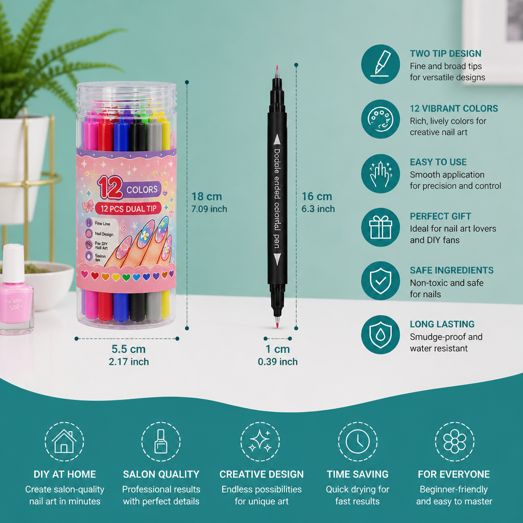 12-Color Dual-Tip Nail Art Pen Set β Fine Detail & Creative Designs