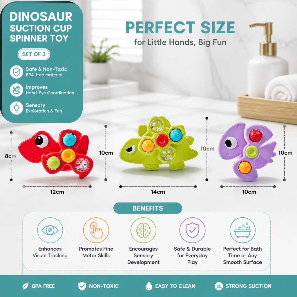 Dinosaur Suction Cup Spinner Toy for Babies & Toddlers Set of 3
