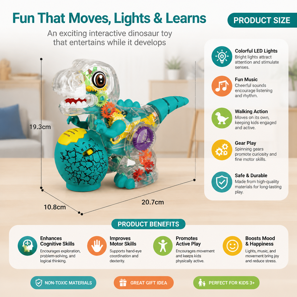 Interactive Light-Up Gear Dinosaur Toy with Music & Walking Action