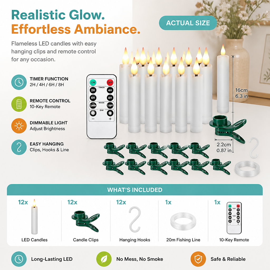 Magic Wand-Controlled Floating LED Candles with Hanging Hooks