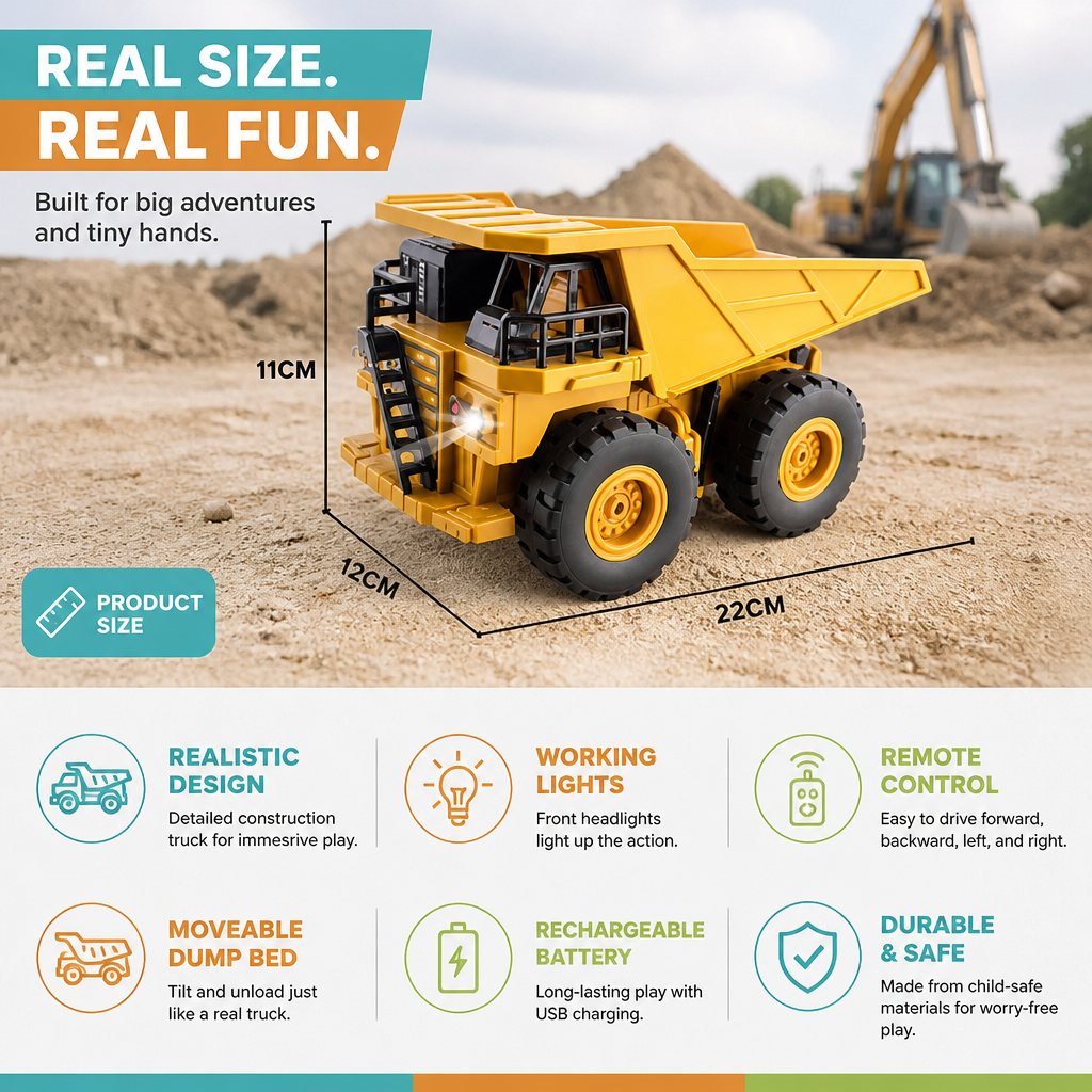 Remote-Controlled Dump Truck with Lights – Construction Vehicle Toy