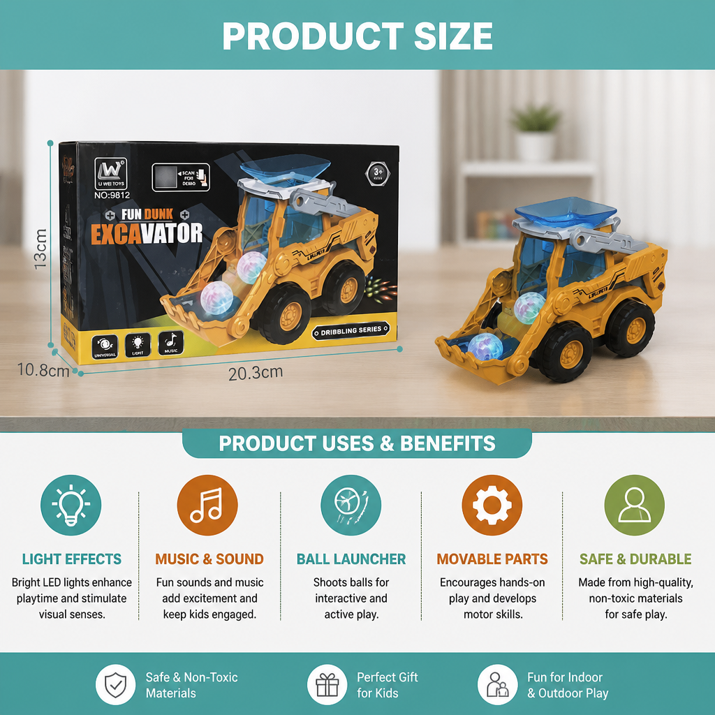 Interactive Light-Up Construction Bulldozer with Ball Launcher for Kids