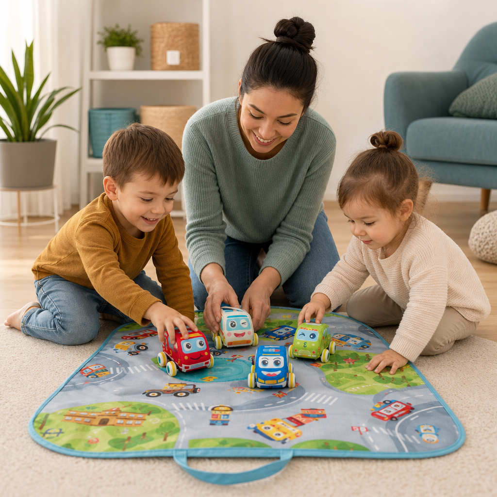 Soft Plush Pull-Back Car Set with 2-in-1 Play Mat & Storage Bag