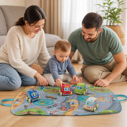 Soft Plush Pull-Back Car Set with 2-in-1 Play Mat & Storage Bag