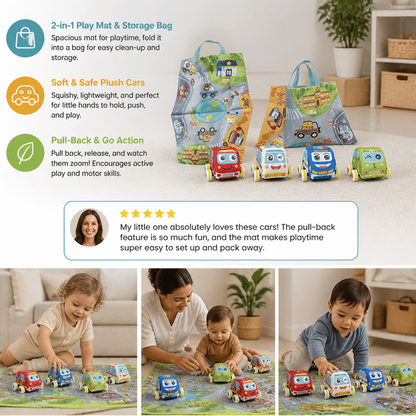 Soft Plush Pull-Back Car Set with 2-in-1 Play Mat & Storage Bag