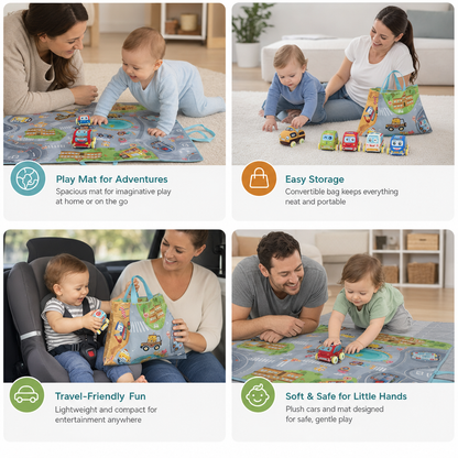 Soft Plush Pull-Back Car Set with 2-in-1 Play Mat & Storage Bag