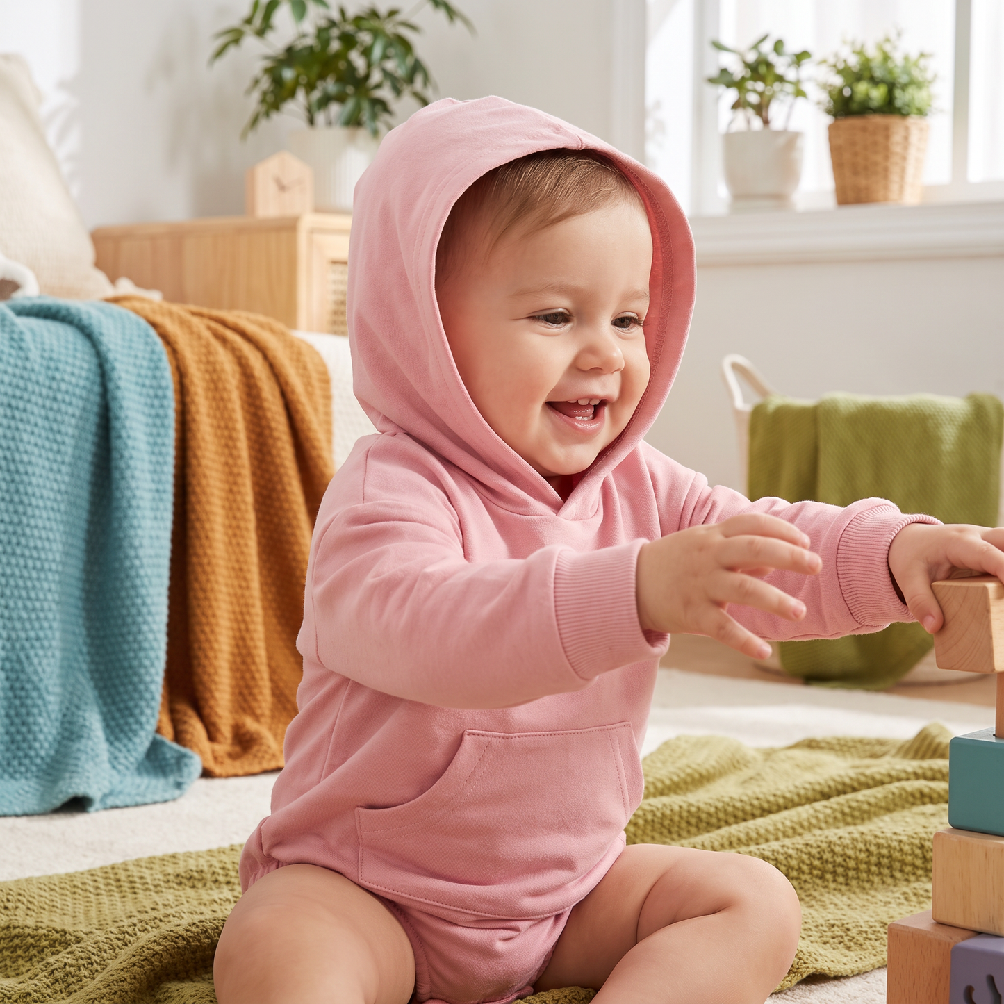 Hooded Baby Romper – Soft Long Sleeve Onesie with Front Pocket