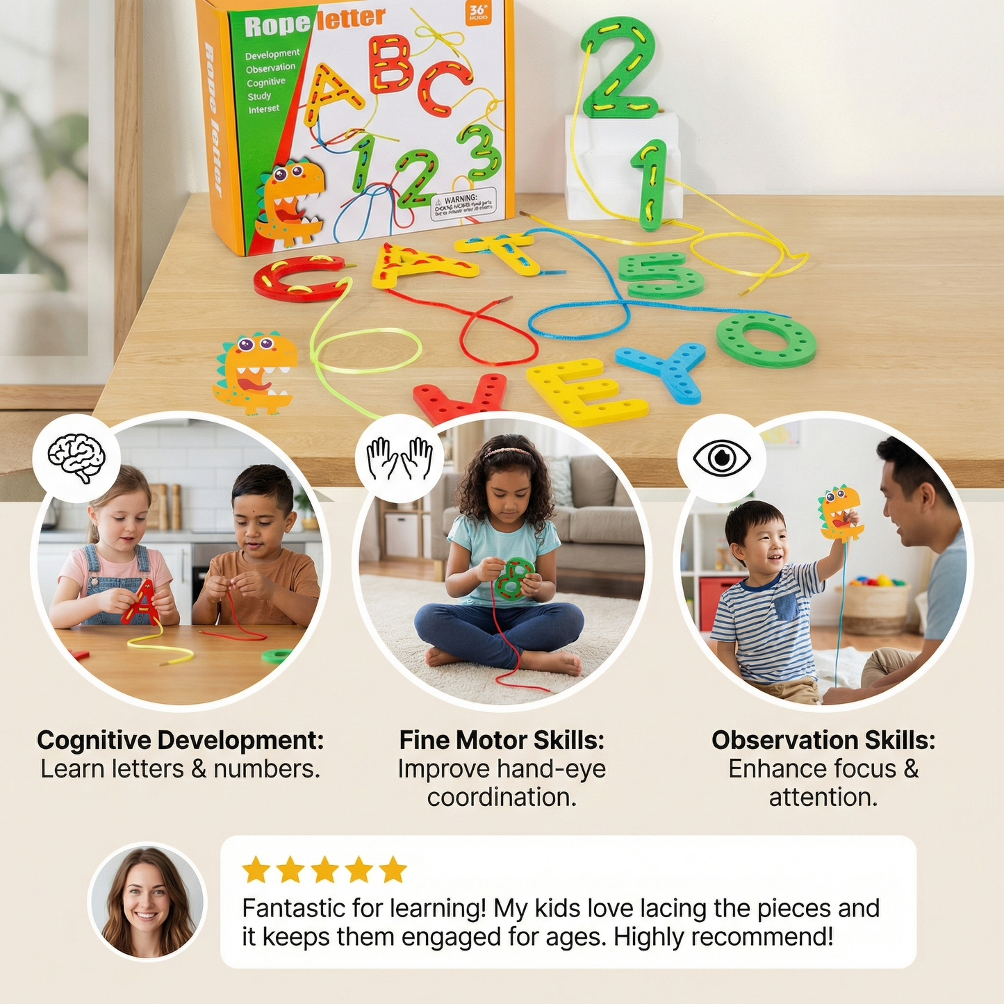 Letters, Numbers, and Colors Wooden Lacing Learning Toy