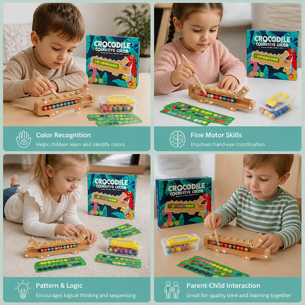Crocodile Color Game – Educational Game with Sorting Cards and Wooden Toy