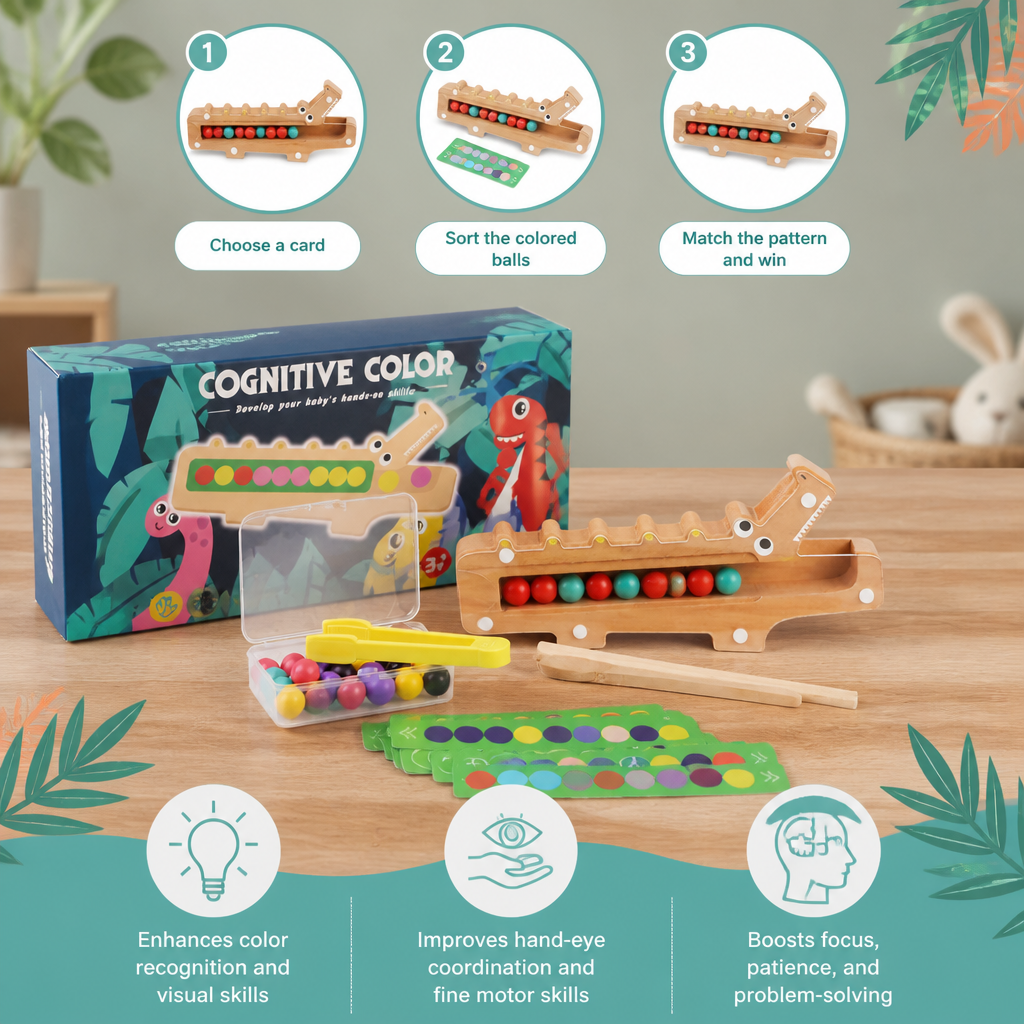 Crocodile Color Game – Educational Game with Sorting Cards and Wooden Toy