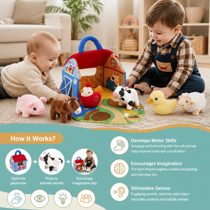 Farm Animal Plush Playset – Interactive Learning Toy with Portable Playhouse