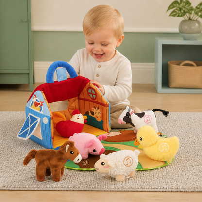 Farm Animal Plush Playset – Interactive Learning Toy with Portable Playhouse