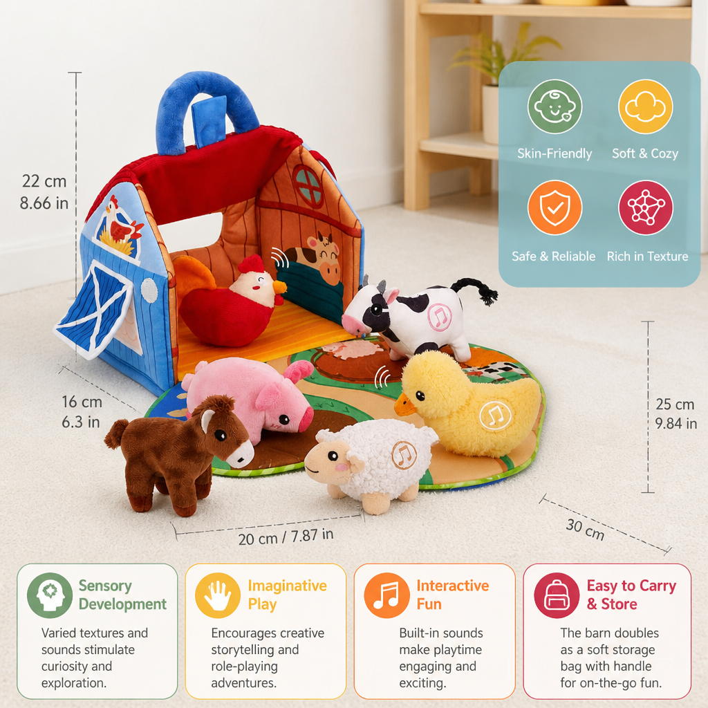 Farm Animal Plush Playset – Interactive Learning Toy with Portable Playhouse