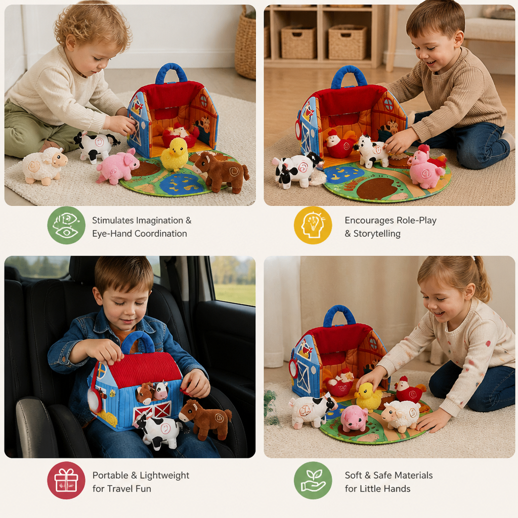 Farm Animal Plush Playset – Interactive Learning Toy with Portable Playhouse