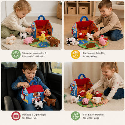 Farm Animal Plush Playset – Interactive Learning Toy with Portable Playhouse