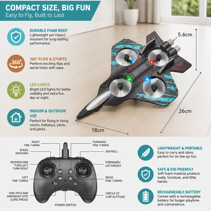 Durable Foam RC Fighter Jet Drone for Indoor & Outdoor Flying – 360° Flips & LED Lights