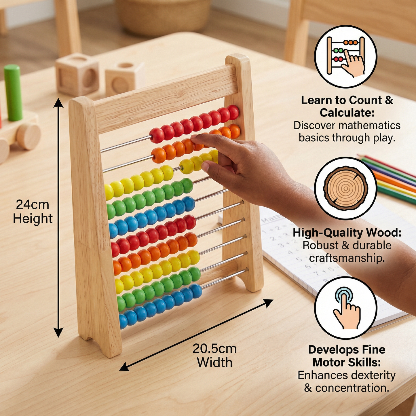 Wooden Abacus for Learning to Count and Calculate