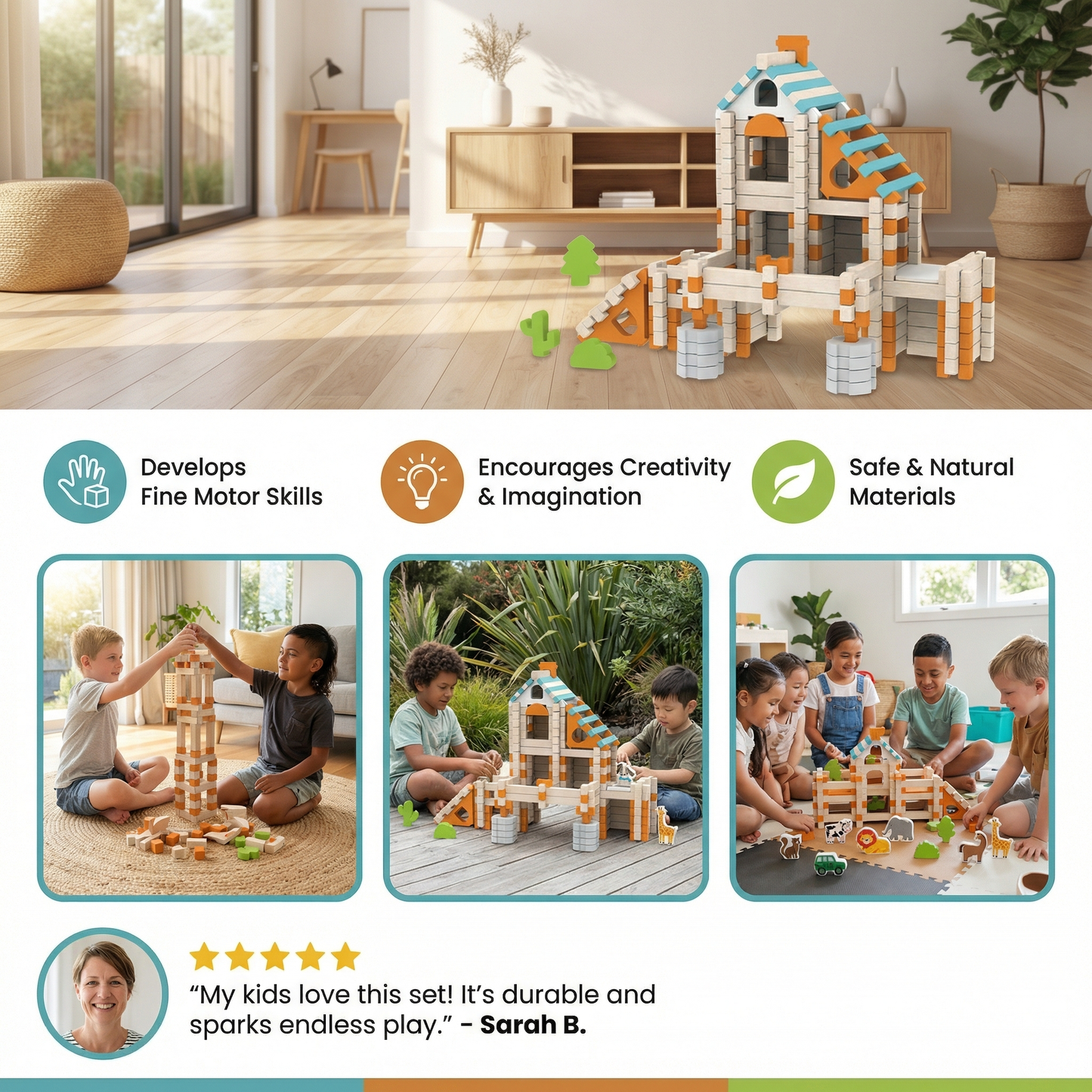 Montessori Wooden Building Block Set – Natural Stacking and Construction Toy