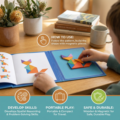 Portable Montessori Wooden Magnetic Tangram Puzzle Book Learning Toy