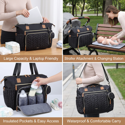 Lightweight Waterproof Diaper Tote Bag – Large Capacity with Changing Pad & Pacifier Case