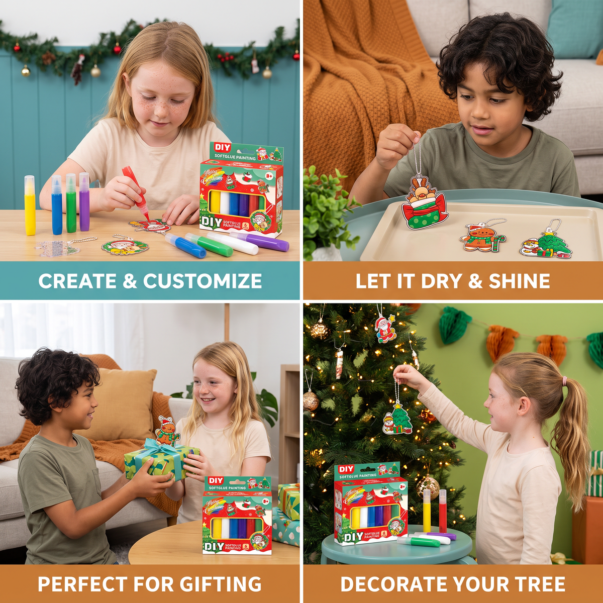 DIY Christmas No-Bake Glue Painting Ornament Craft Kit for Kids