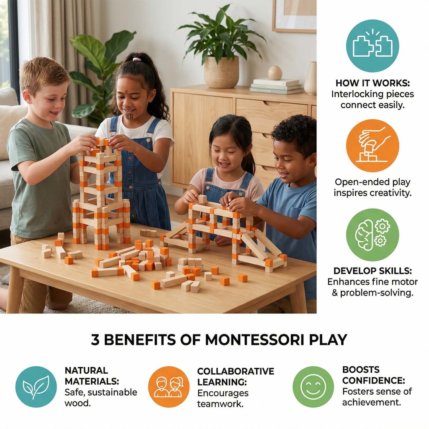 Montessori Wooden Building Block Set – Natural Stacking and Construction Toy