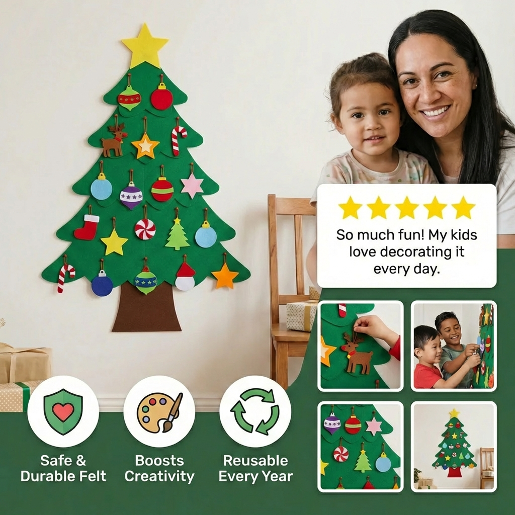 DIY Felt Christmas Tree for Kids | Safe Wall Decoration with Removable Ornaments for Fun Christmas Play