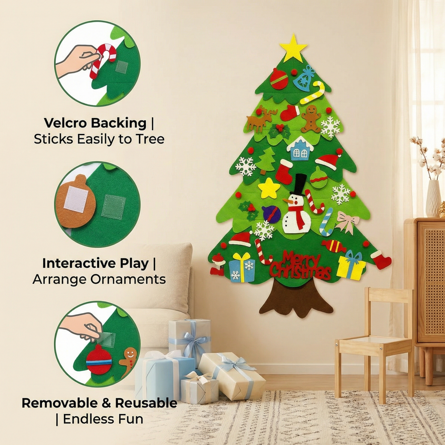 DIY Felt Christmas Tree for Kids | Safe Wall Decoration with Removable Ornaments for Fun Christmas Play