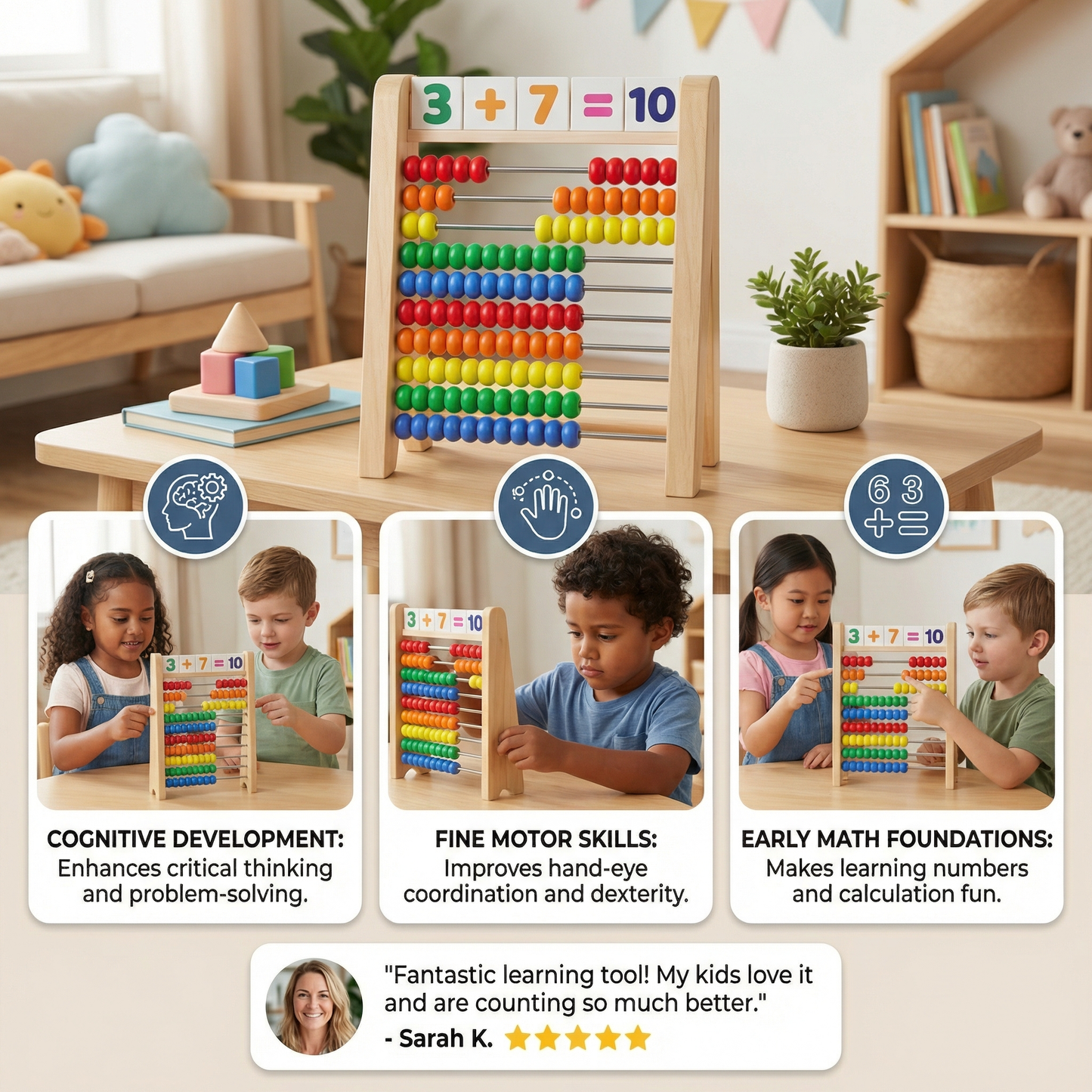 Wooden Abacus for Learning to Count and Calculate