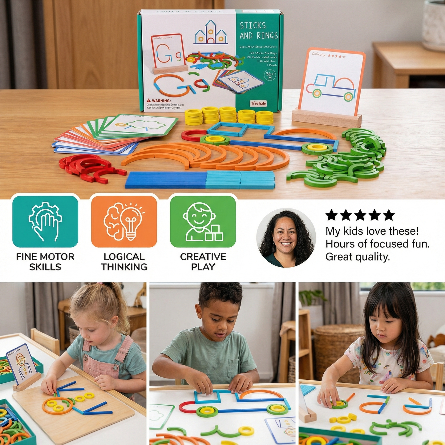Educational Montessori Sticks and Rings Puzzle Blocks