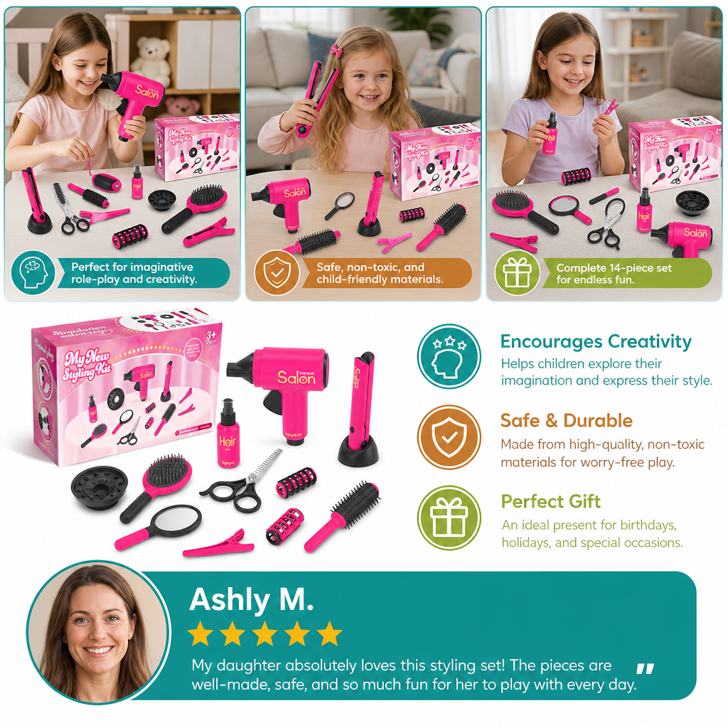 14-Piece Kids Hair Styling Salon Pretend Play Set