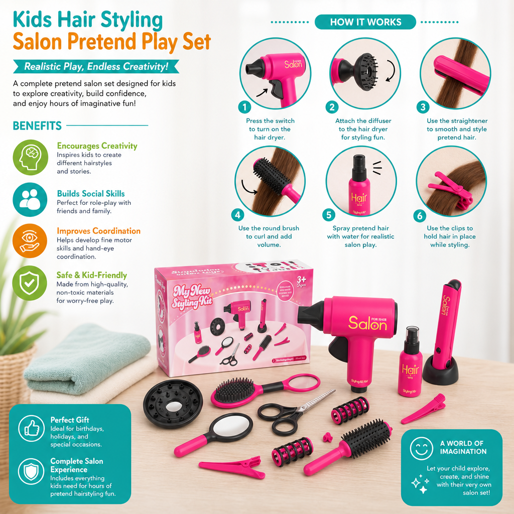 14-Piece Kids Hair Styling Salon Pretend Play Set