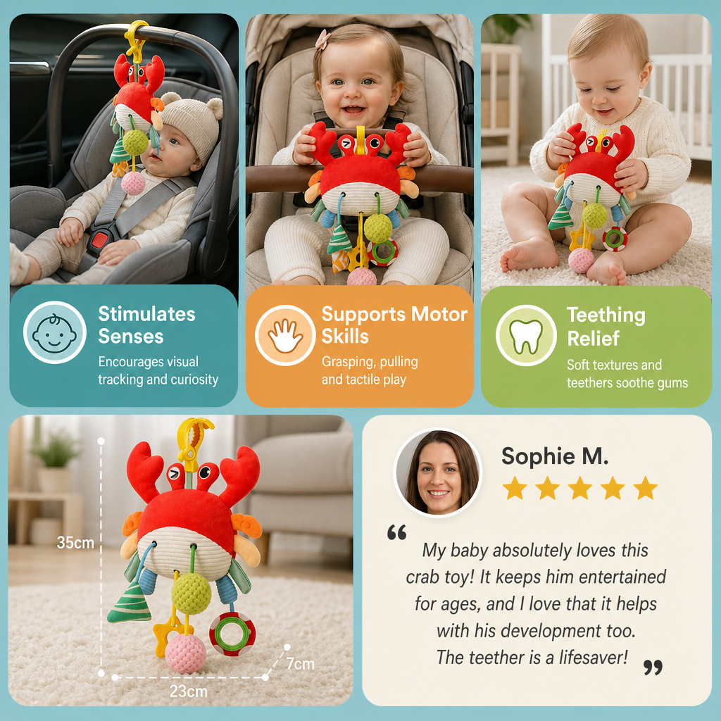 Crab Activity Toy with Pull Cord, Rattle & Teether for Babies