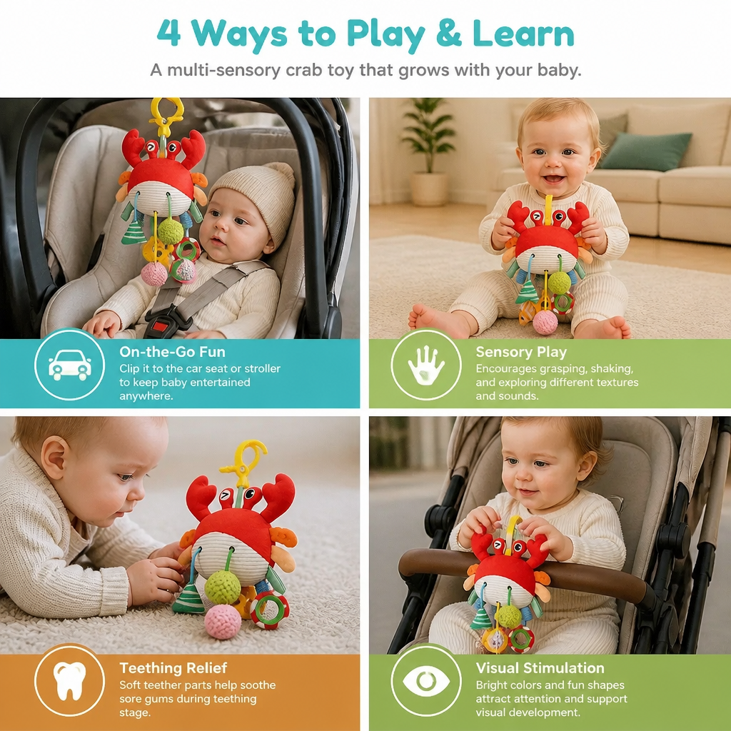 Crab Activity Toy with Pull Cord, Rattle & Teether for Babies