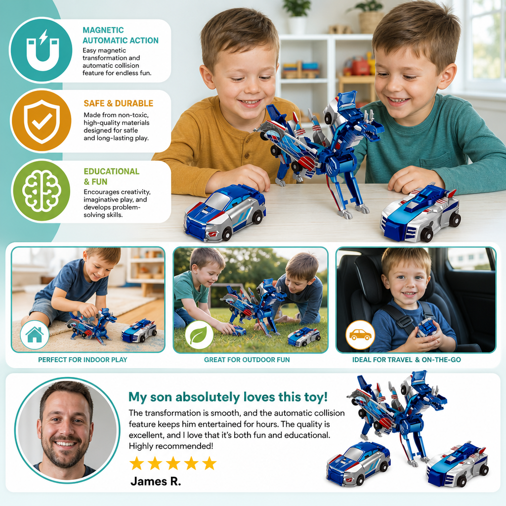 2-in-1 Magnetic Transforming Car & Dinosaur Toy with Automatic Collision Action