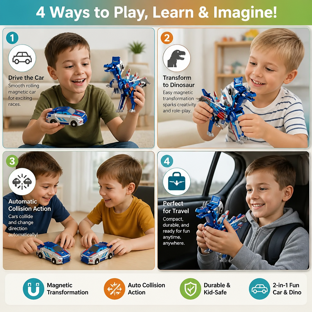 2-in-1 Magnetic Transforming Car & Dinosaur Toy with Automatic Collision Action