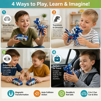 2-in-1 Magnetic Transforming Car & Dinosaur Toy with Automatic Collision Action